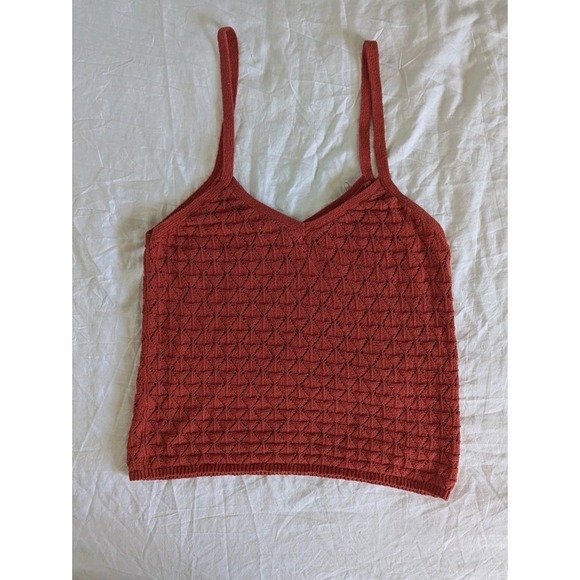 MNG Open Knit‎ Deep Orange Sweater Tank Top Sz XL V Neck Boho Festival Hippie - Picture 2 of 5